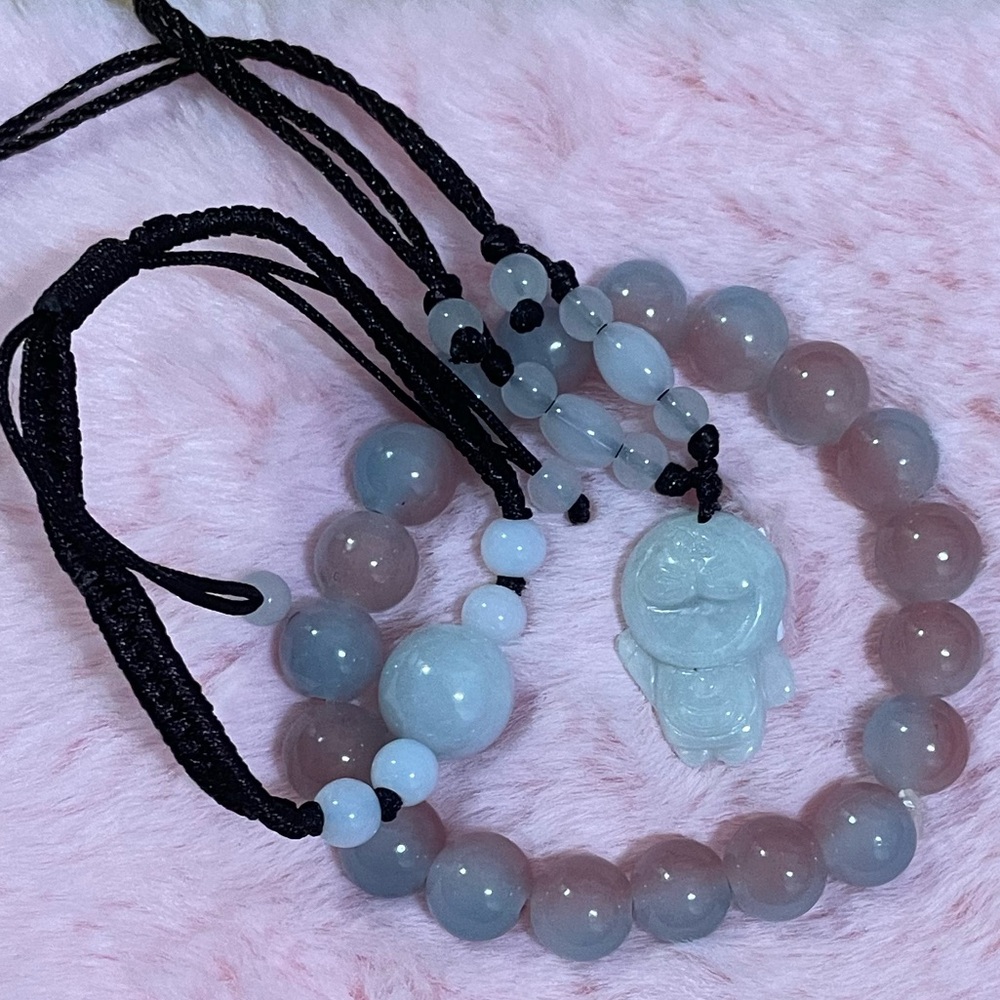 Certified Grade A Natural Burma Jadeite Jade Carved Doraemon Necklace Bracelet